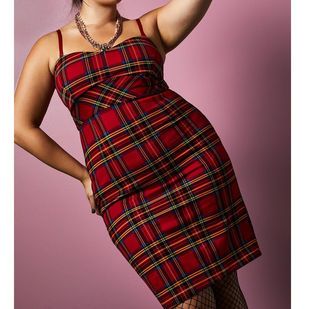 Torrid 16 Betsey Johnson Red Tartan Plaid Punk Gothic Rockabilly Ponte Dress - Picture 3 of 7